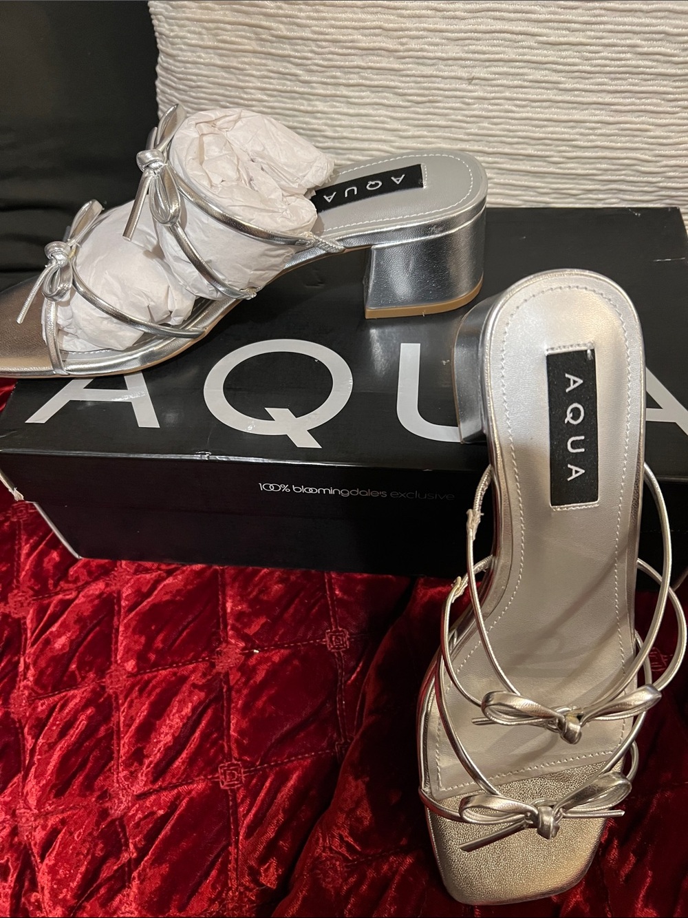 Aqua Cntia Metallic Silver Strappy Bow Heeled Sandals Sz 7.5